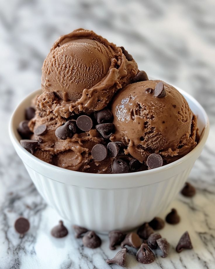 A picture of chocolate ice cream with chocolate chips in a dessert bowl
