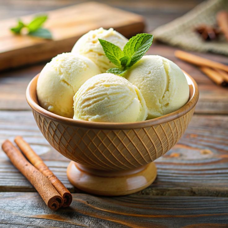 Vanilla ice cream in a dessert bowl and mint leaf on top, with a cinnamon stick near it